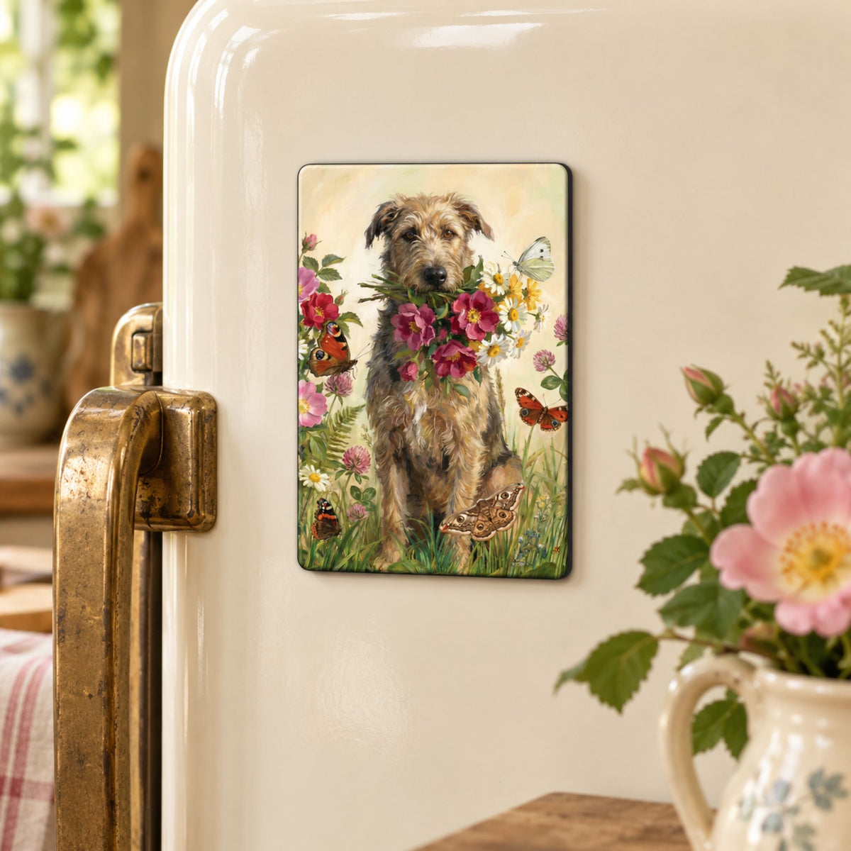 A rectangular refrigerator magnet featuring a scruffy dog surrounded by flowers and butterflies, attached to a cream-colored retro-style refrigerator in a kitchen setting.