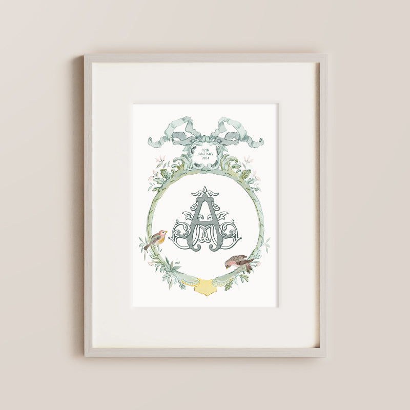 Watercolour Crest Sage Green Print Personalised Keepsake Nursery Print, with Classic crest and baby details