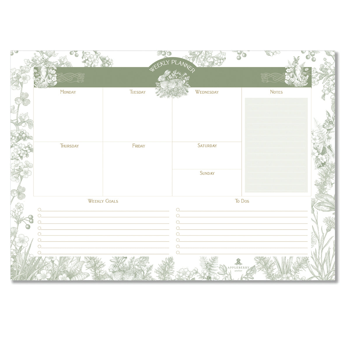 Wild Hare weekly planner pad featuring botanical meadow illustrations, woodland hare artwork, spacious weekly layout, and luxury Irish stationery design.