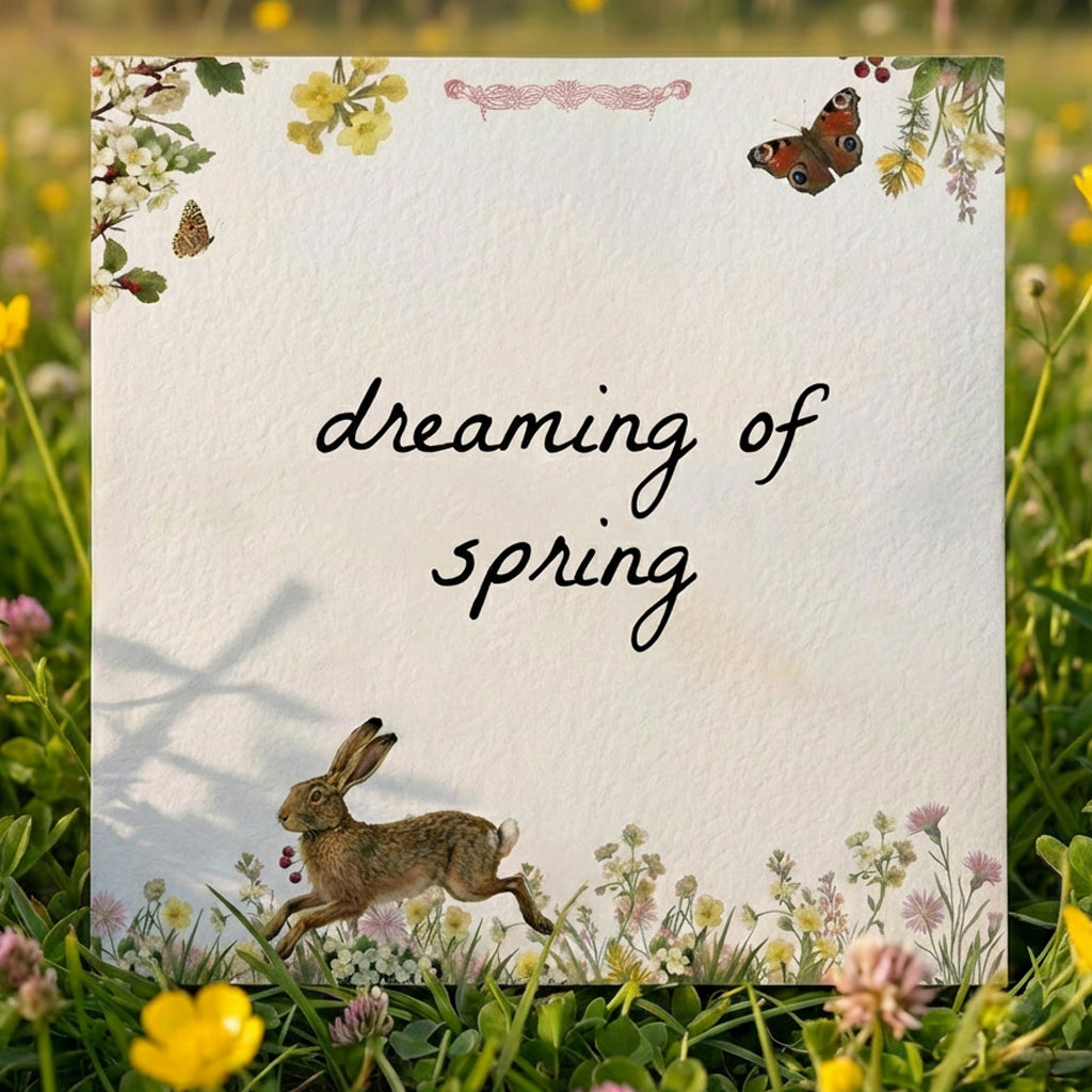 Spring Hare Super Notepad featuring botanical floral artwork, wild hare illustration, butterflies, meadow flowers, and elegant countryside stationery design.