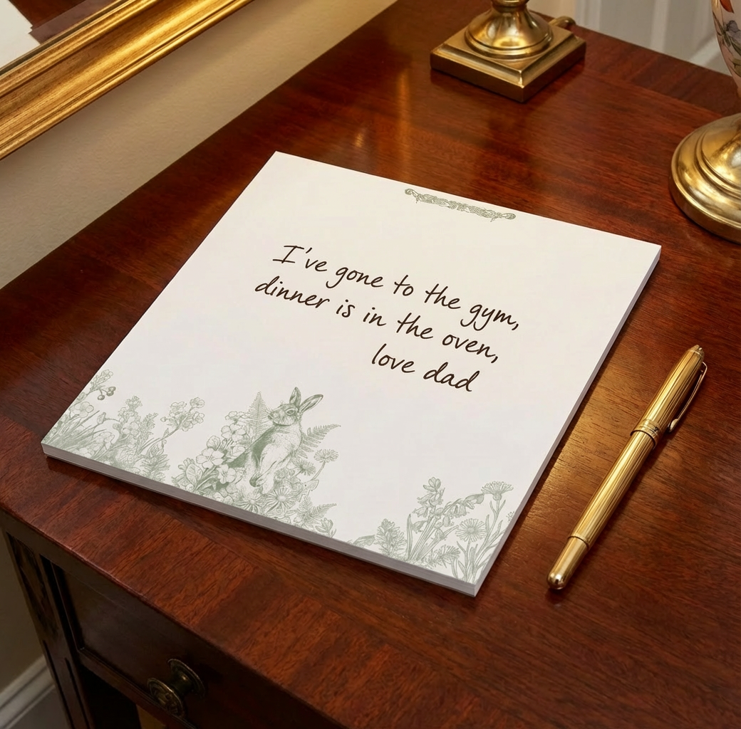 Wild Hare Super Notepad featuring wild hare illustration, botanical floral artwork, meadow flowers, and elegant countryside stationery design.