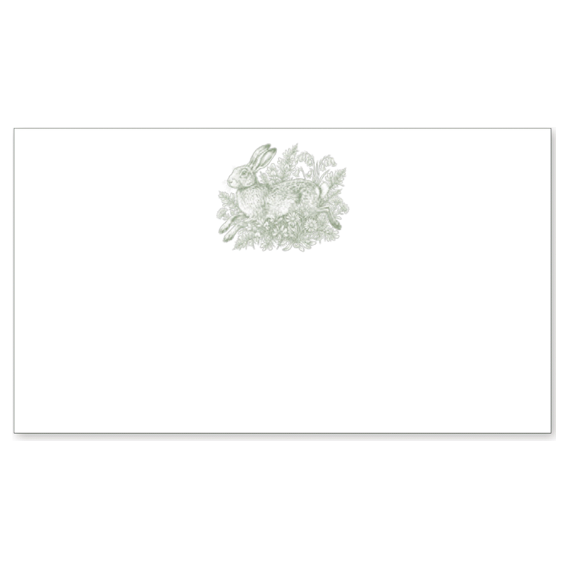 A white rectangular card or envelope with a small pale green line-art illustration of a rabbit among flowers centered near the top, shown on a white background.