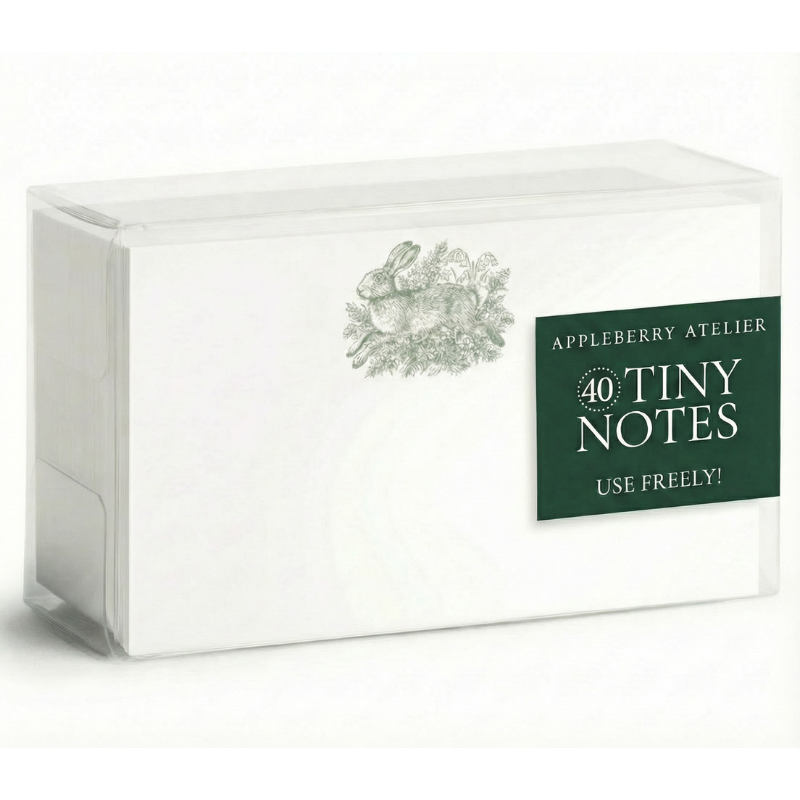 A clear plastic sleeve containing a pack of Appleberry Atelier 40 tiny notes on white paper, with a dark green label on the front.