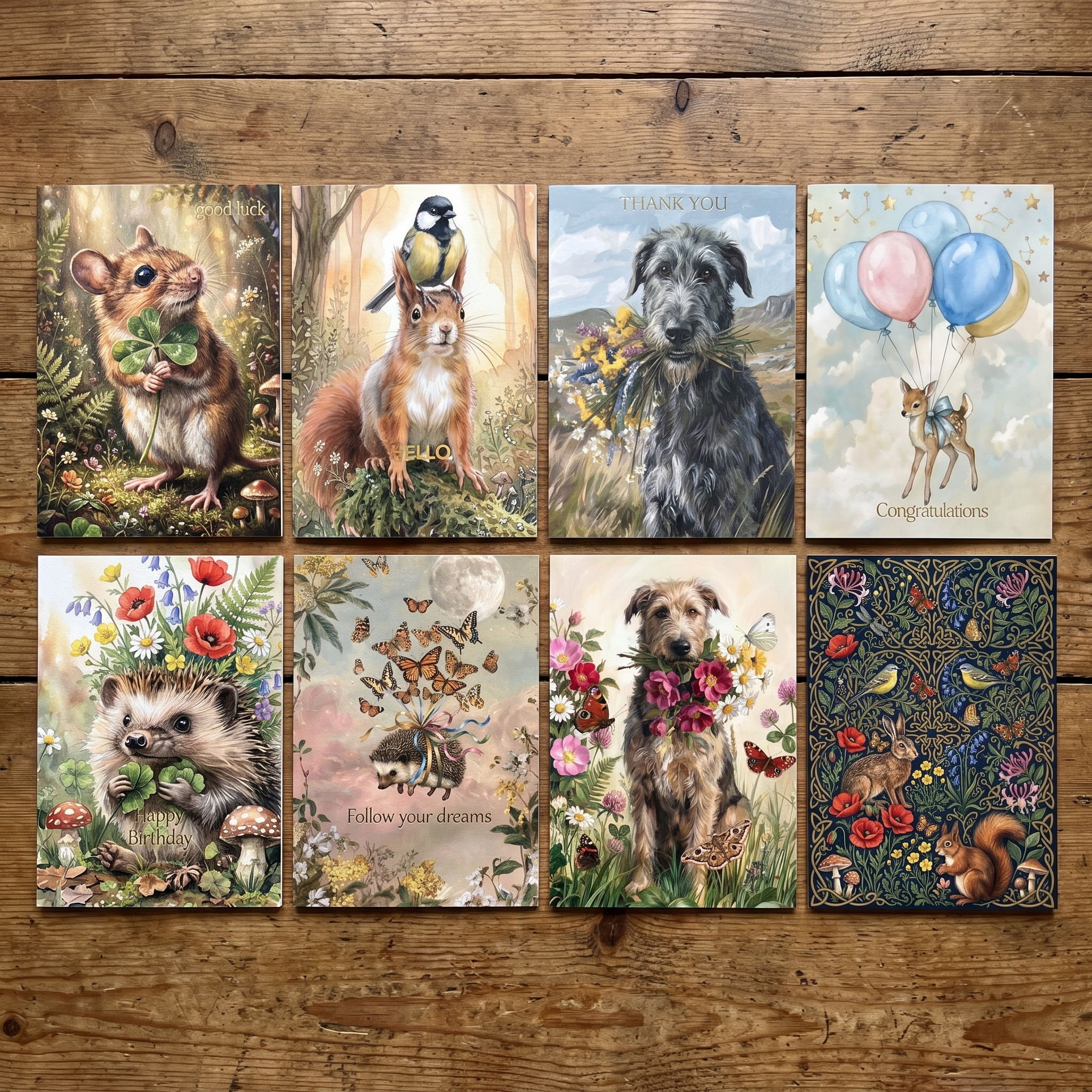Eight decorative art prints arranged in a 2x4 grid on a rustic wooden surface. The prints feature whimsical animal illustrations: a hamster with a clover, a bird on a squirrel, a gray dog with flowers and the text 'THANK YOU', a deer with balloons and 'Congratulations', a hedgehog with mushrooms, butterflies with 'Follow your dreams', a dog with flowers, and a dark floral woodland scene with a squirrel and birds.