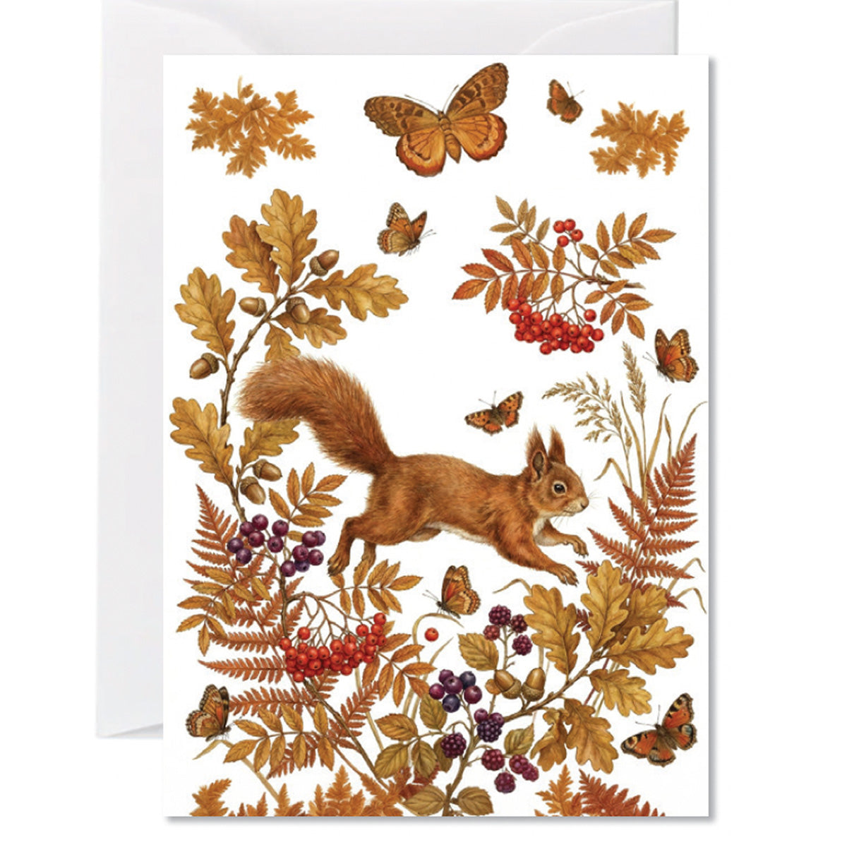 Illustrated woodland squirrel greeting card surrounded by autumn leaves, berries, and butterflies