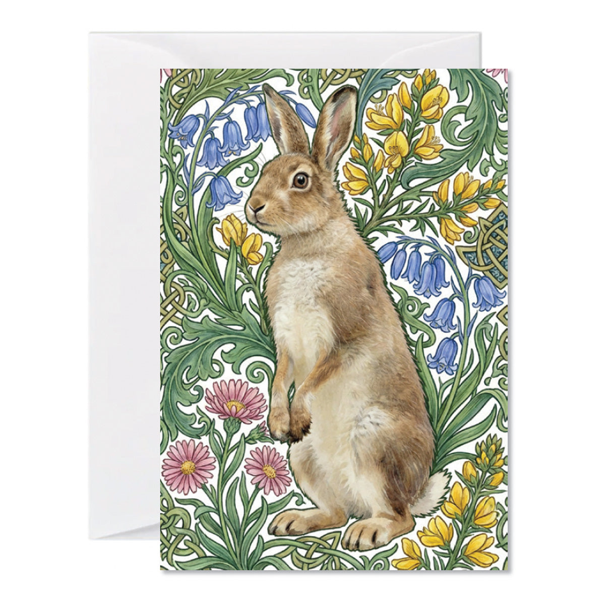 Illustrated Celtic-inspired hare greeting card surrounded by wildflowers and botanical patterns