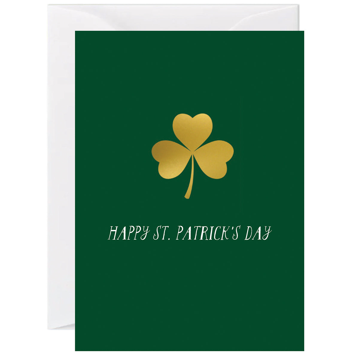 Minimalist green St. Patrick’s Day greeting card with golden shamrock illustration