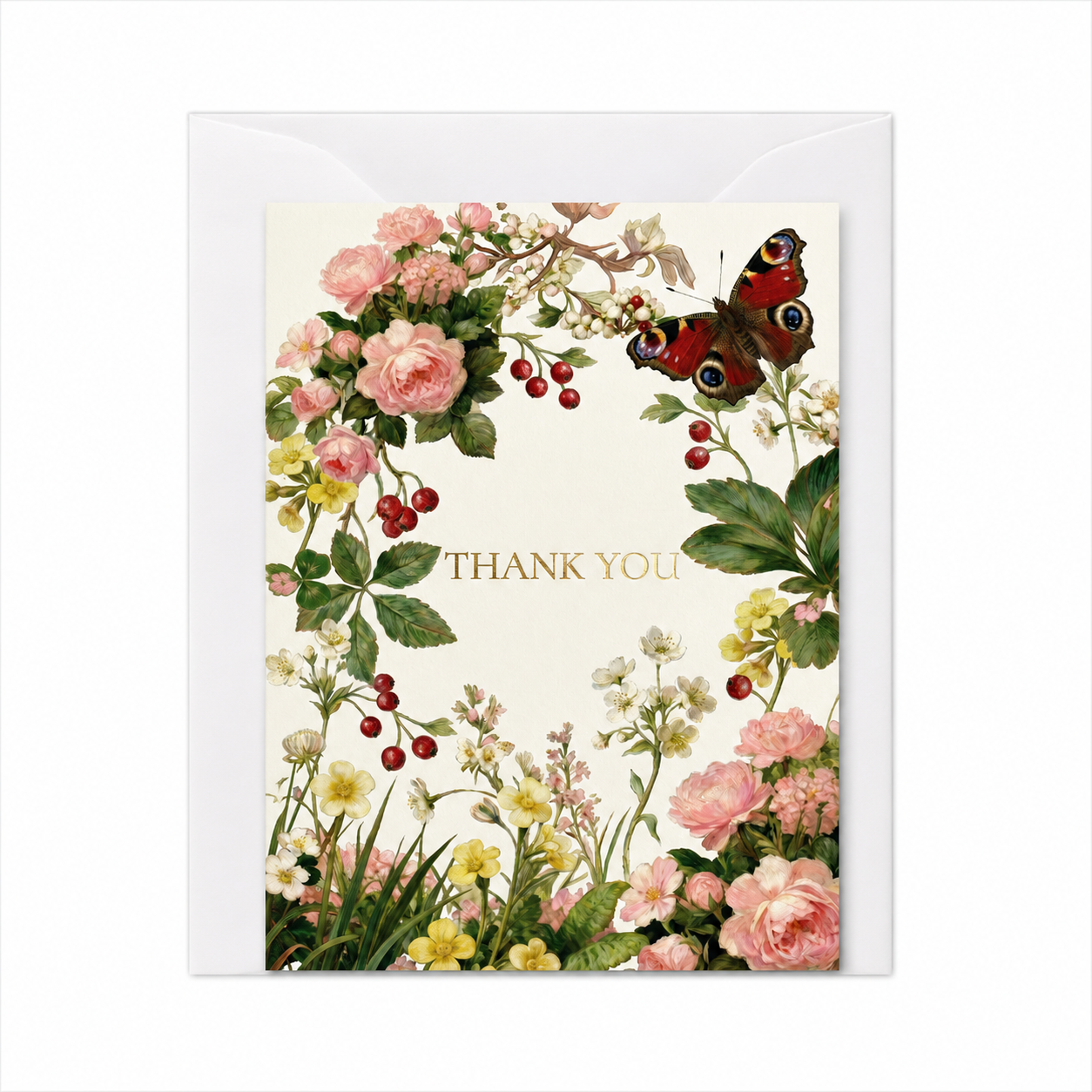 A floral thank you card with a white envelope, featuring pink and yellow flowers, green leaves, red berries, and a peacock butterfly around the border, with 'THANK YOU' printed in gold at the center.