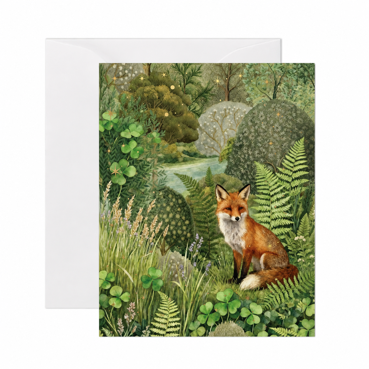 A square art print or greeting card featuring a fox sitting among ferns, clovers, and woodland plants, shown with a white envelope behind it on a light gray background.