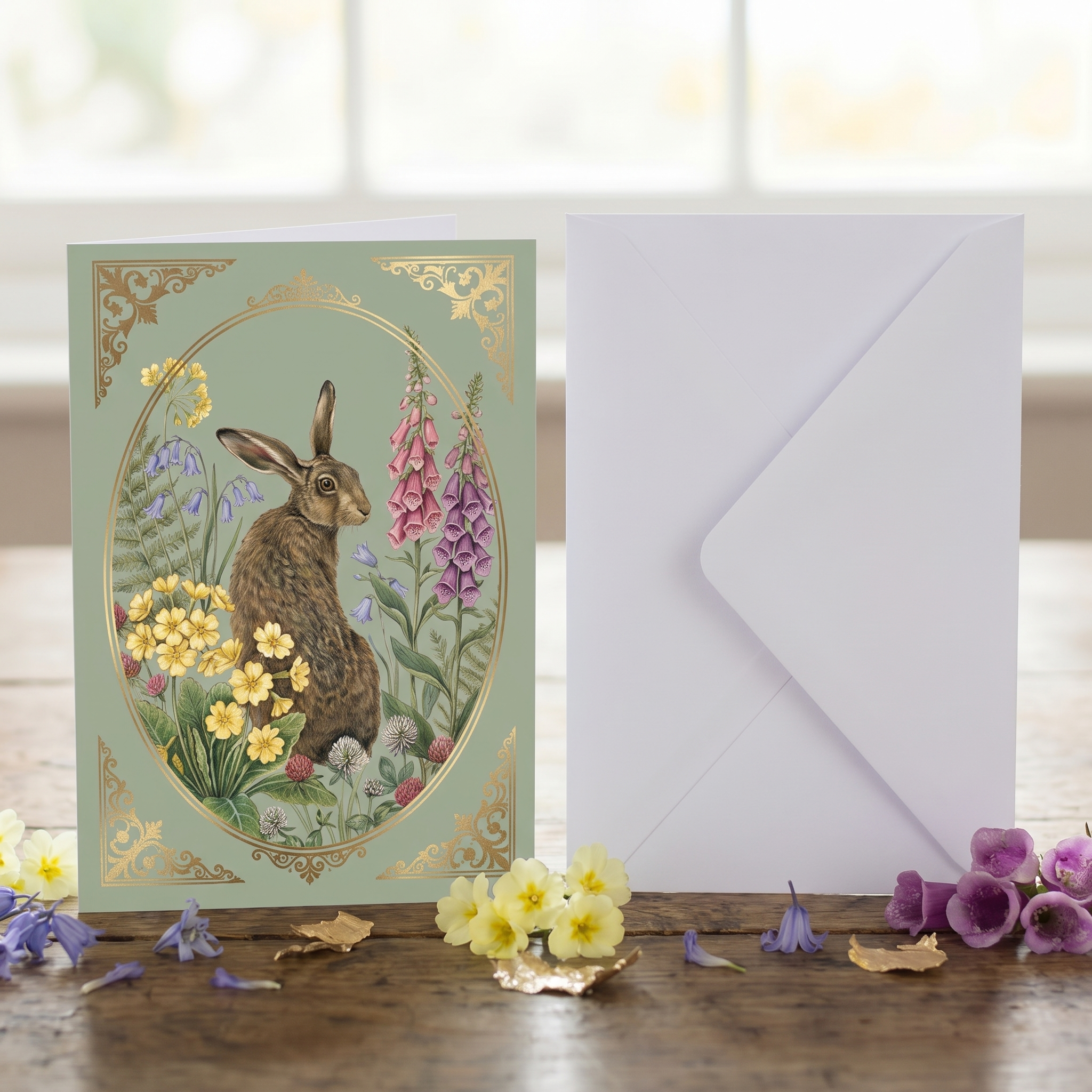 A floral greeting card with an illustrated hare in an oval frame, shown beside a white envelope on a wooden surface with small flowers scattered around.