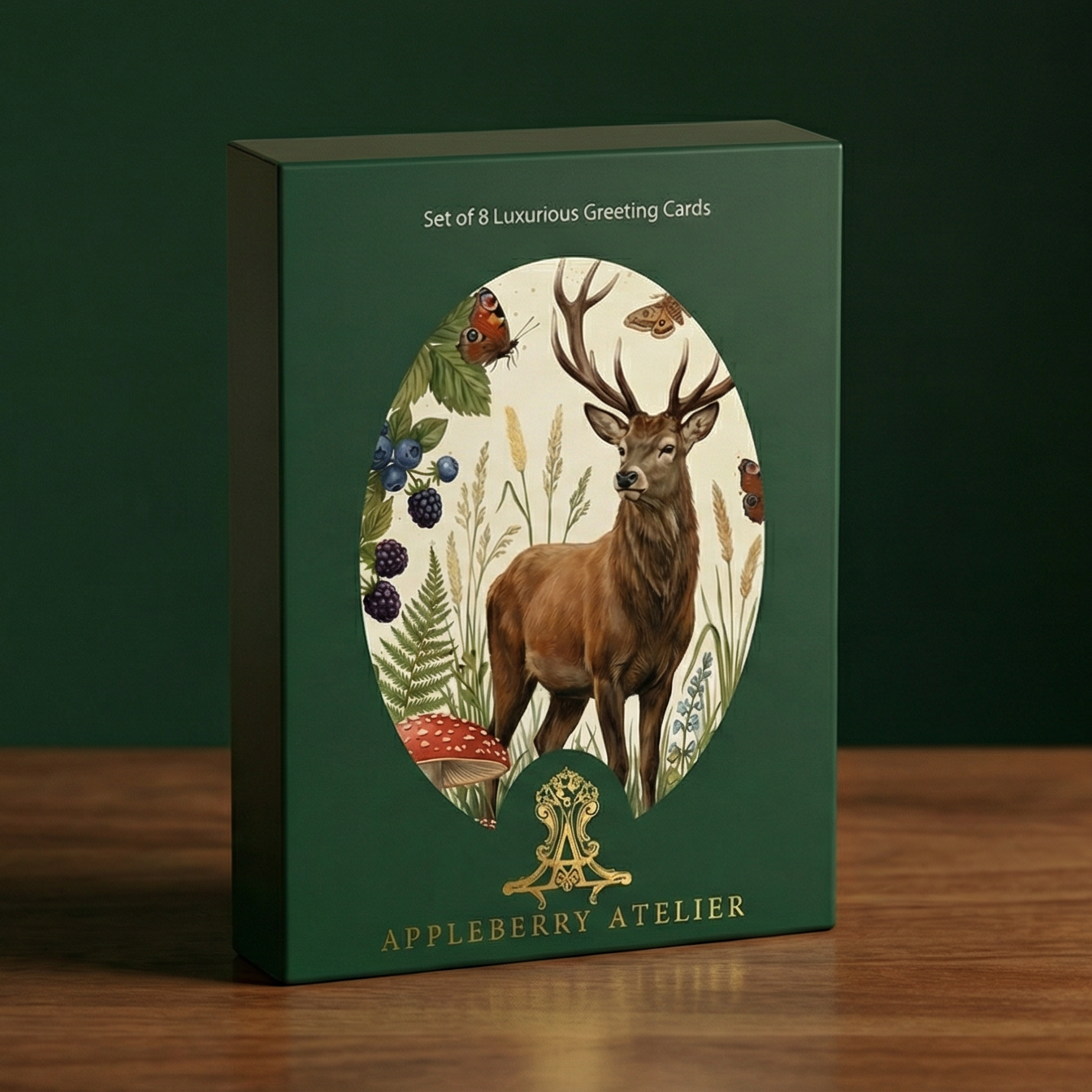 A dark green rectangular box of Appleberry Atelier greeting cards sits on a wooden surface against a dark green background. The front of the box features an oval illustration with a deer, berries, flowers, and a butterfly, with the text 'Set of 8 Luxurious Greeting Cards' at the top and 'APPLEBERRY ATELIER' at the bottom.