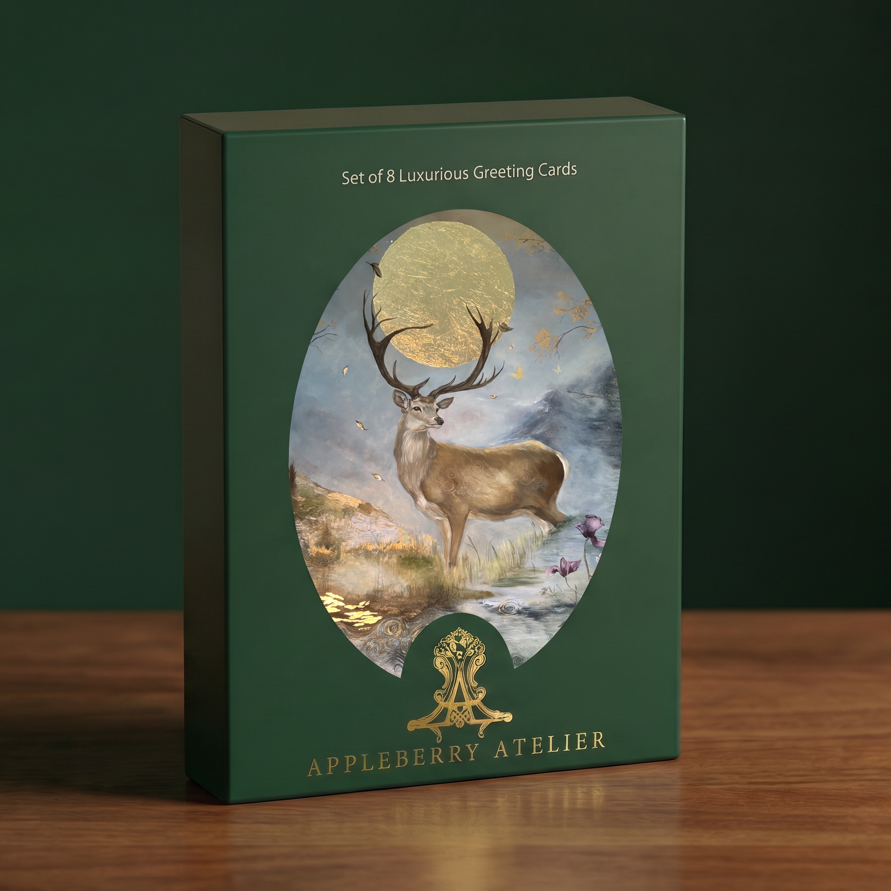 A dark green rectangular gift box for Appleberry Atelier greeting cards sits on a wooden surface against a dark green background. The front of the box features an oval illustration of a stag with large antlers under a large gold moon, with the text 'Set of 8 Luxurious Greeting Cards' and 'APPLEBERRY ATELIER' printed on the box.