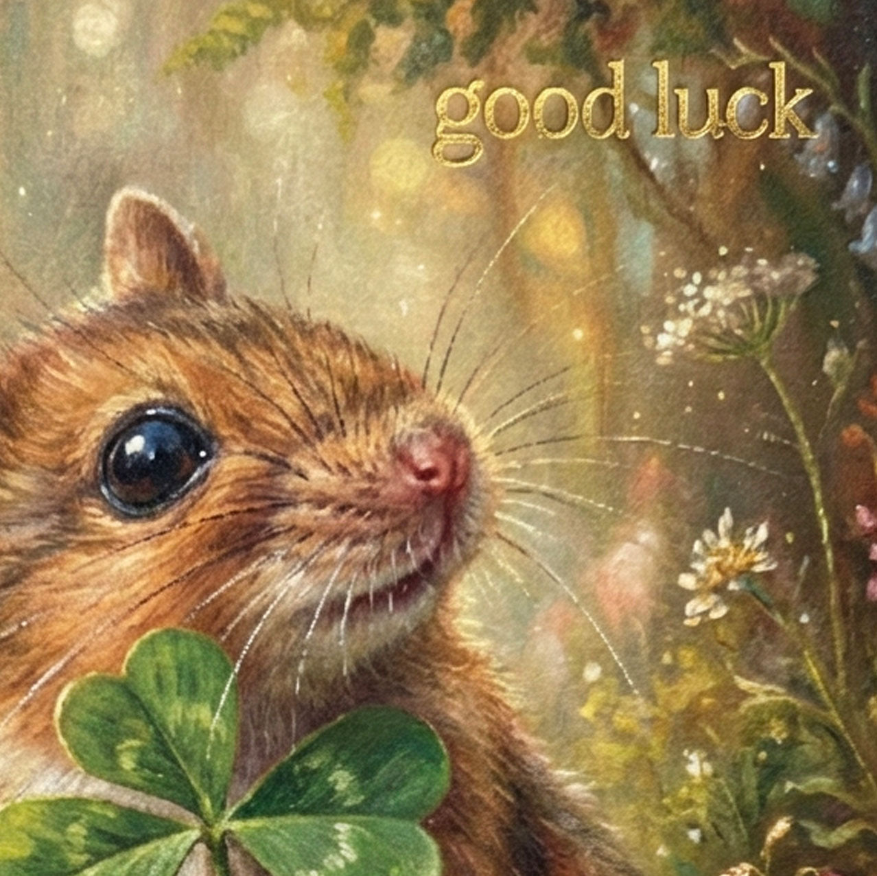 Illustration of a mouse with a four-leaf clover and 'good luck' text in a natural setting.