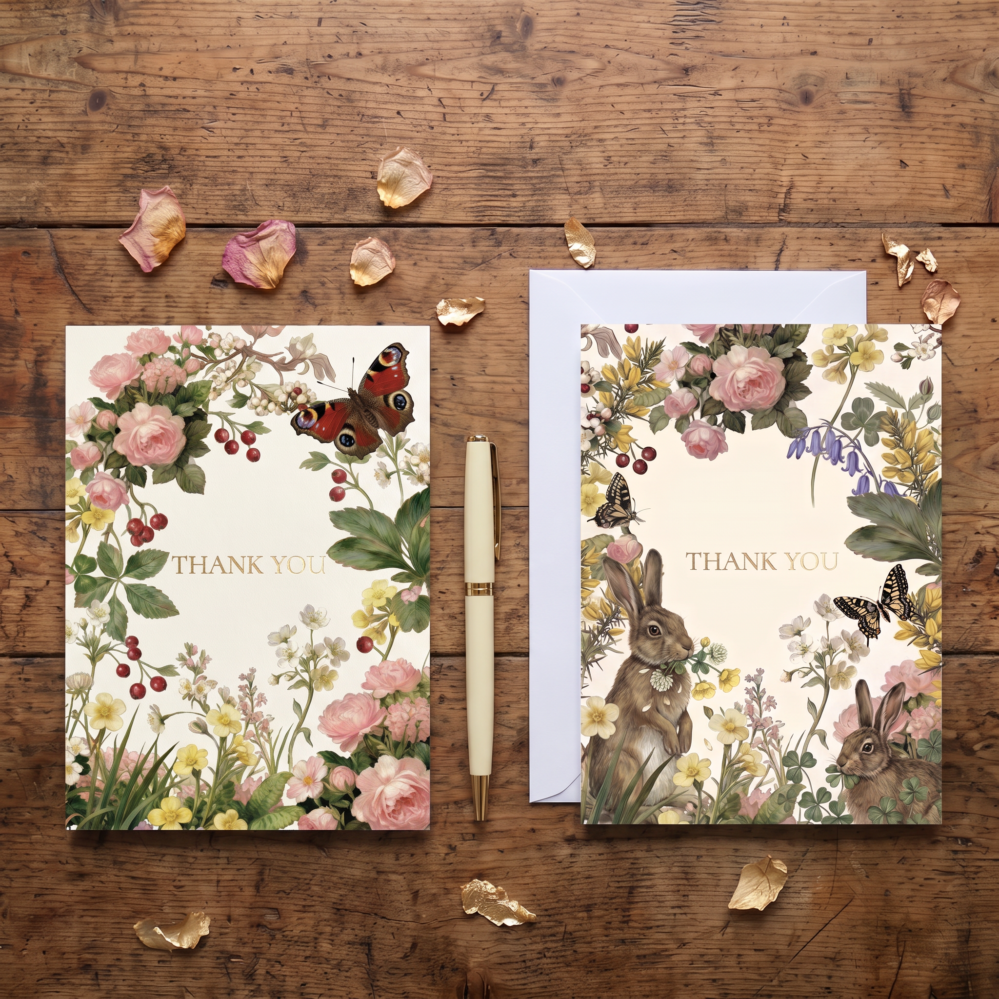 Two floral thank-you cards with rabbits and butterflies are arranged on a rustic wooden surface with a cream pen, a white envelope, and scattered dried flower petals. One card shows pink flowers and a butterfly, and the other shows a rabbit surrounded by flowers and butterflies.