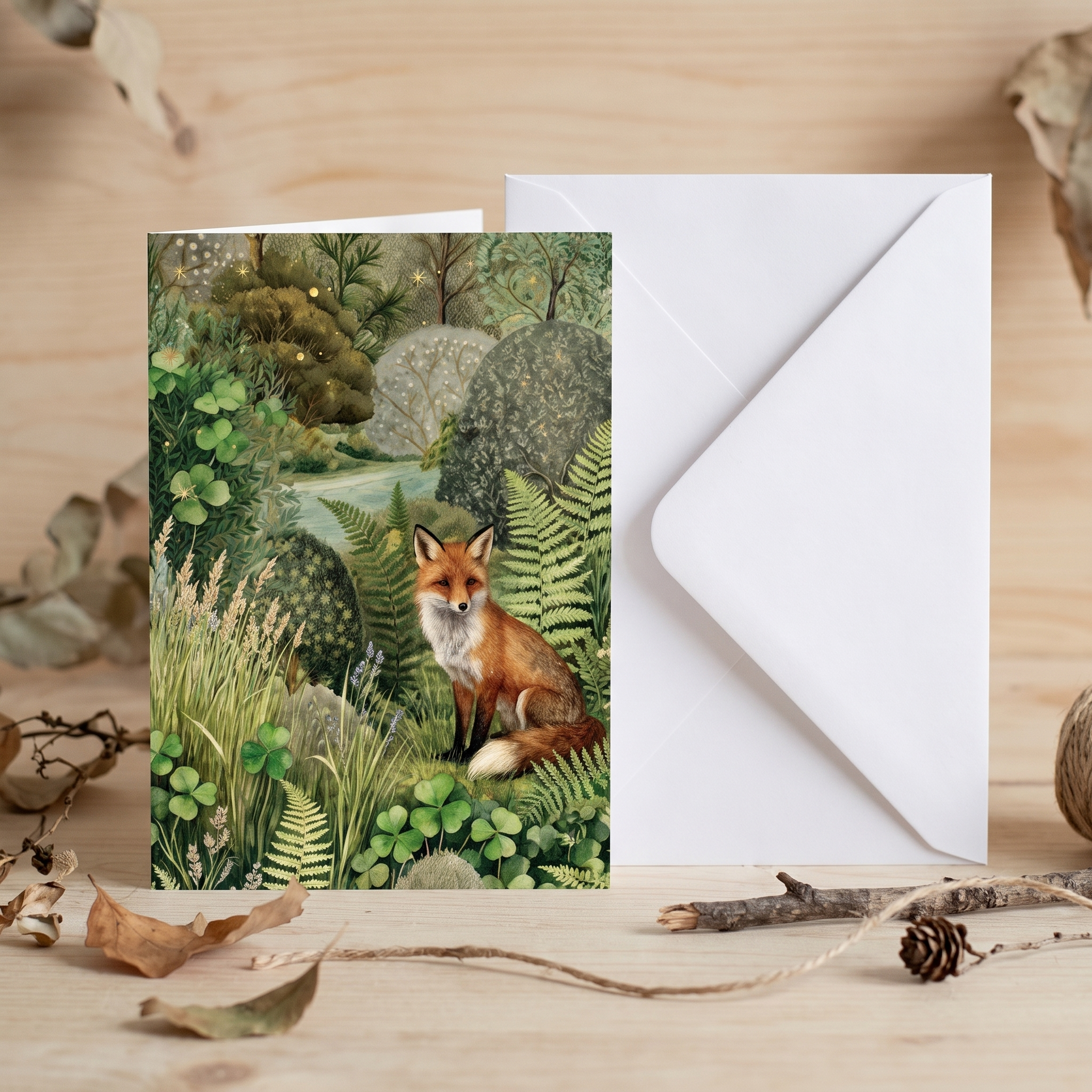 A square greeting card featuring an illustrated red fox in a lush green forest, displayed next to a white envelope on a light wood surface with dried leaves and twine.