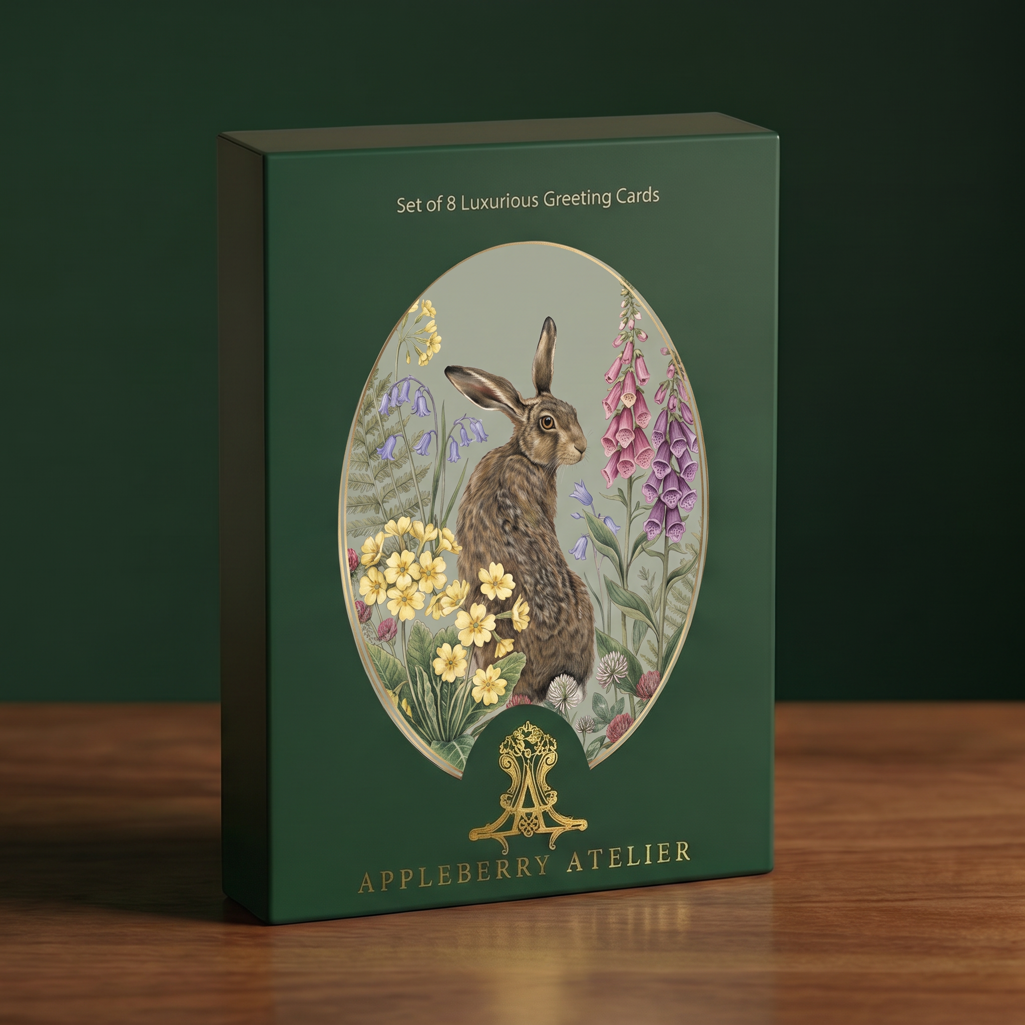A dark green rectangular box of Appleberry Atelier 'Set of 8 Luxurious Greeting Cards' standing on a wooden surface against a dark green background. The front features an oval illustration of a brown hare surrounded by yellow and purple wildflowers, with gold branding at the bottom.
