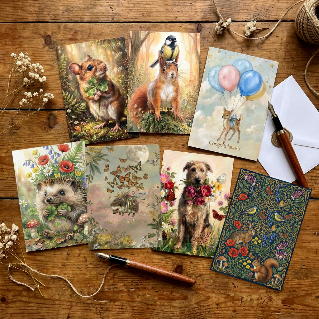 A flat-lay arrangement of six illustrated greeting cards featuring woodland animals and nature scenes, styled on a rustic wooden tabletop with a pen, envelope, twine, and dried flowers.
