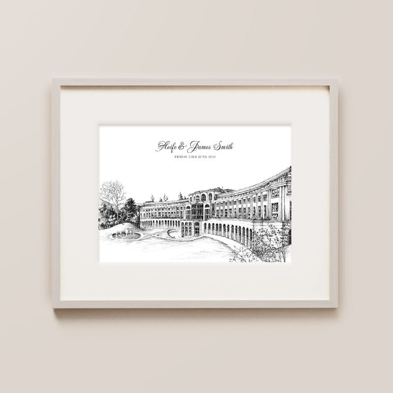 Powerscourt Hotel Wedding Venue Ink Print With Couples Names And Wedding Date, For Wedding Gift