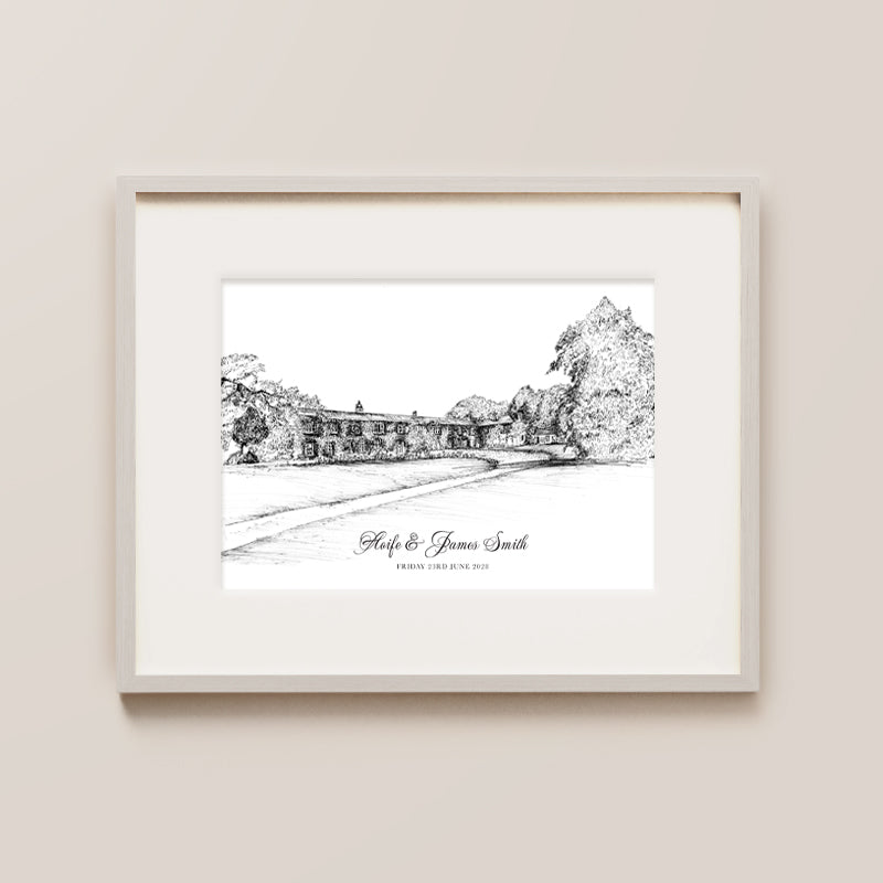 Hand-drawn illustration of Rathsallagh House, luxury Irish wedding venue – unique wedding gift print by Appleberry Atelier