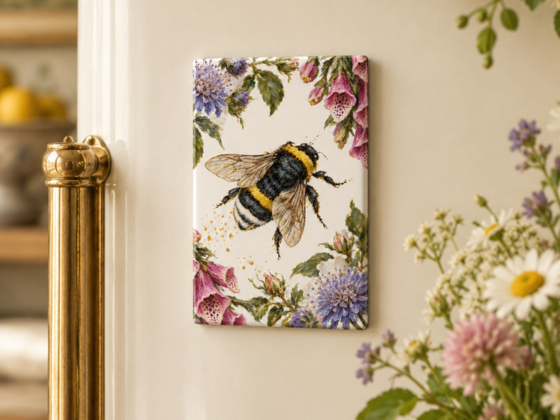 A vintage-style fridge with a magnet featuring a bumblebee surrounded by pink and purple flowers on a cream background, displayed on a beige fridge with a brass door handle and flowers in the foreground.