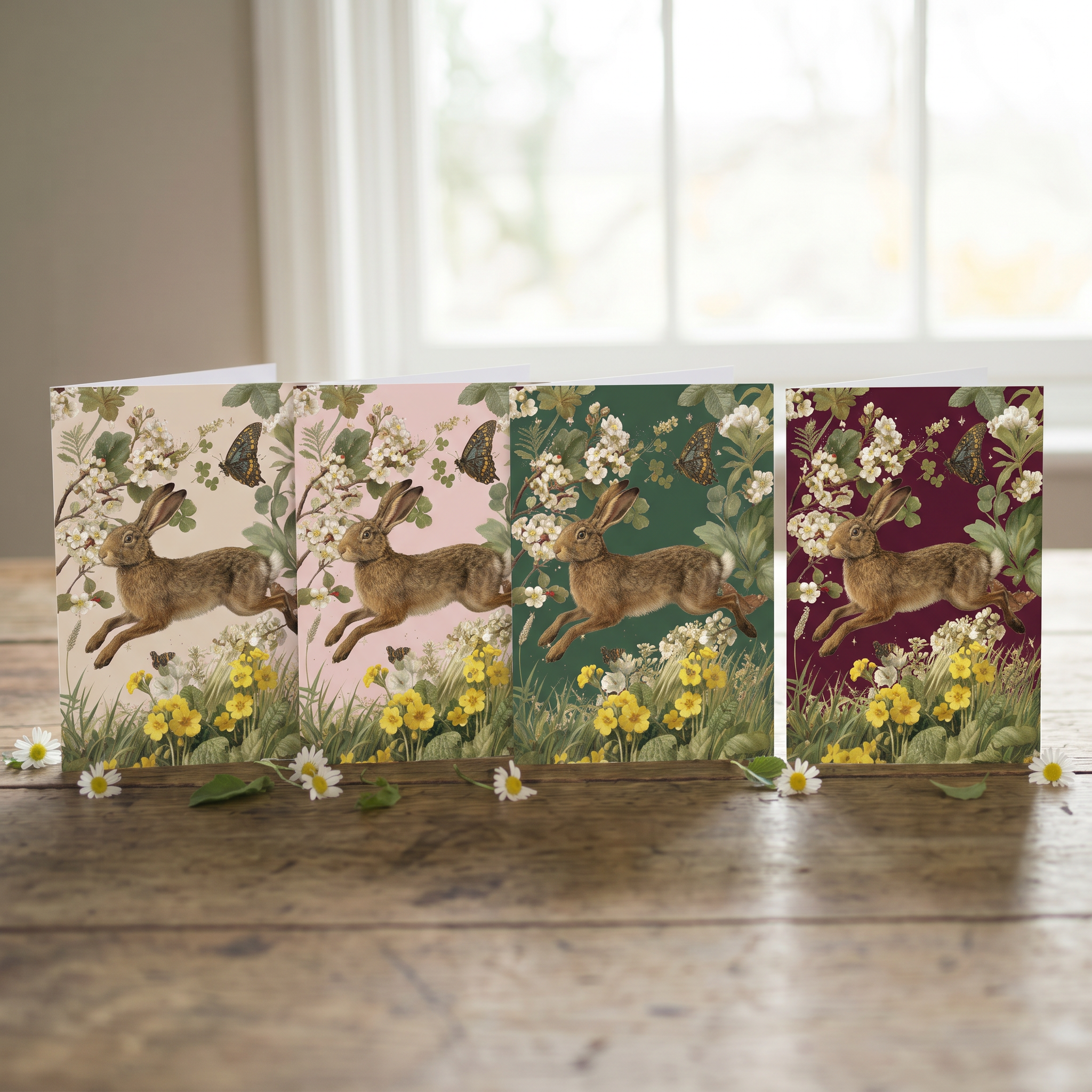 Four Spring Hare greeting cards in pink, green, burgundy and ivory featuring a running hare, blossom, butterflies and gold foil accents