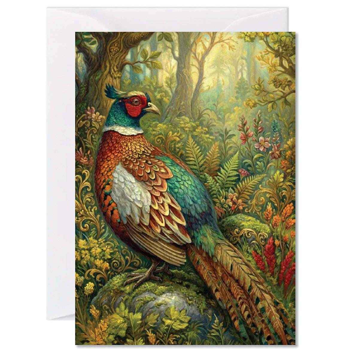 Illustrated pheasant greeting card surrounded by woodland foliage and wildflowers