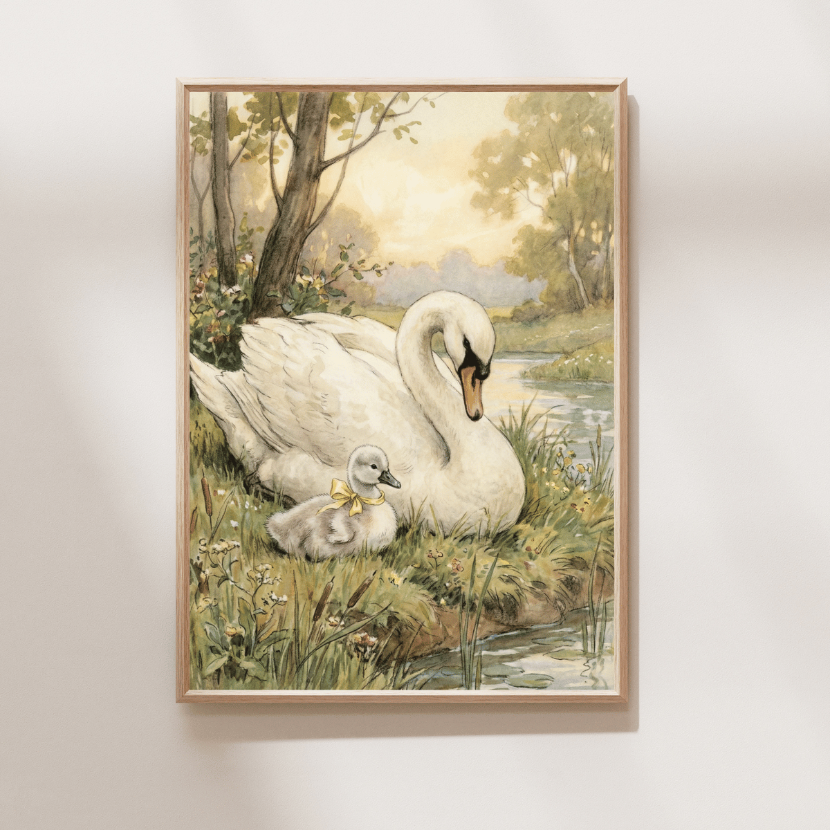 A Mother's Watch Art Print by Appleberry Atelier. Beautiful swan and cygnet wildlife artwork available in A4 and A3, designed and printed in Ireland.