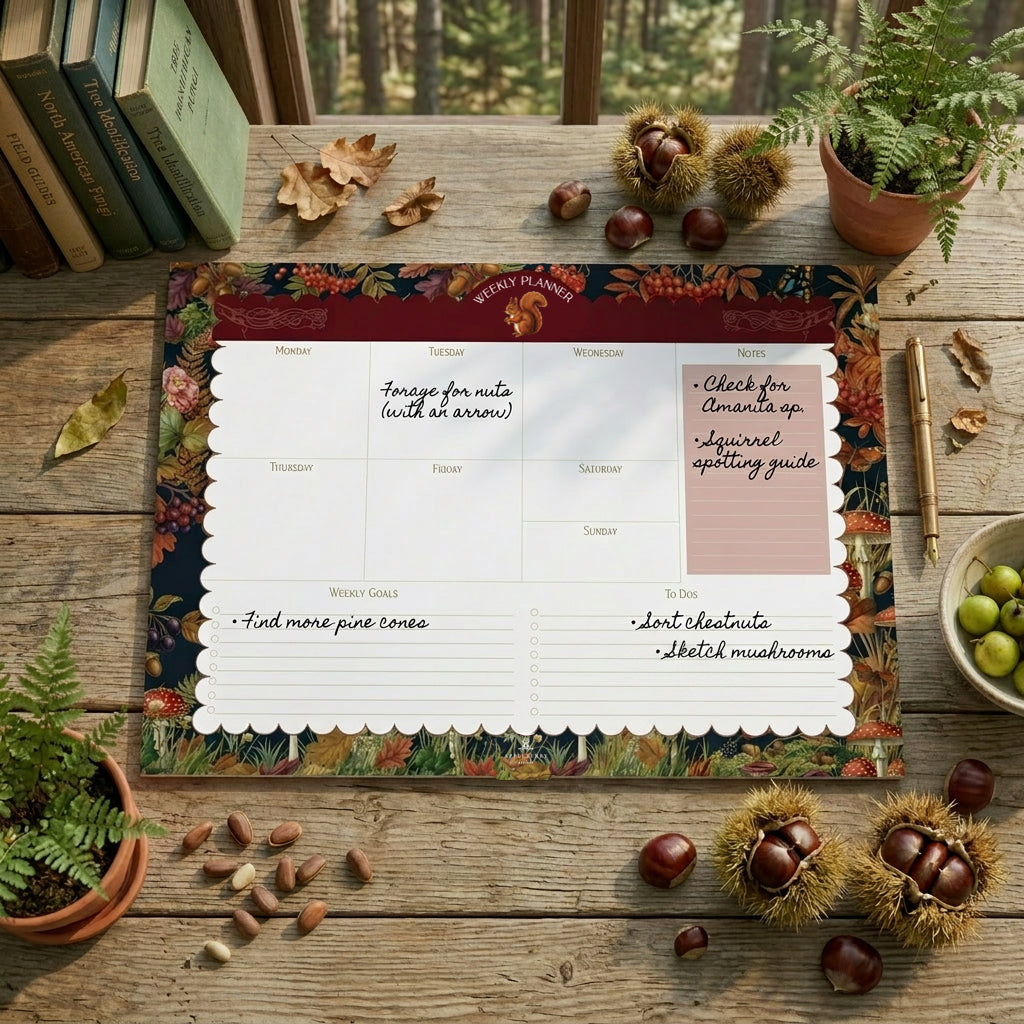 Autumn Squirrel weekly planner pad featuring woodland botanical artwork, squirrel illustration, weekly planning layout, and cottagecore desk stationery made in Ireland.