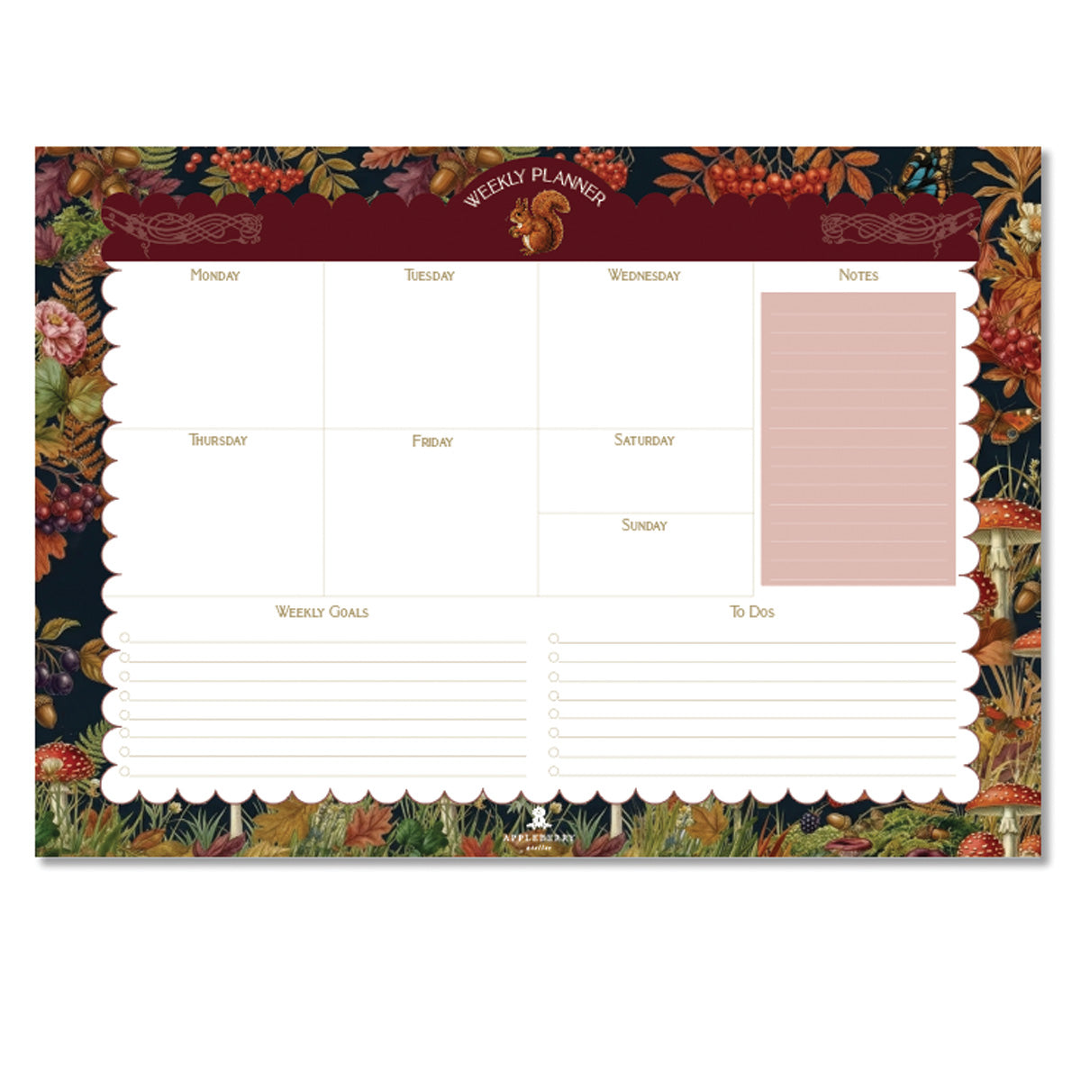 Autumn Squirrel weekly planner pad featuring woodland botanical artwork, squirrel illustration, weekly planning layout, and cottagecore desk stationery made in Ireland.