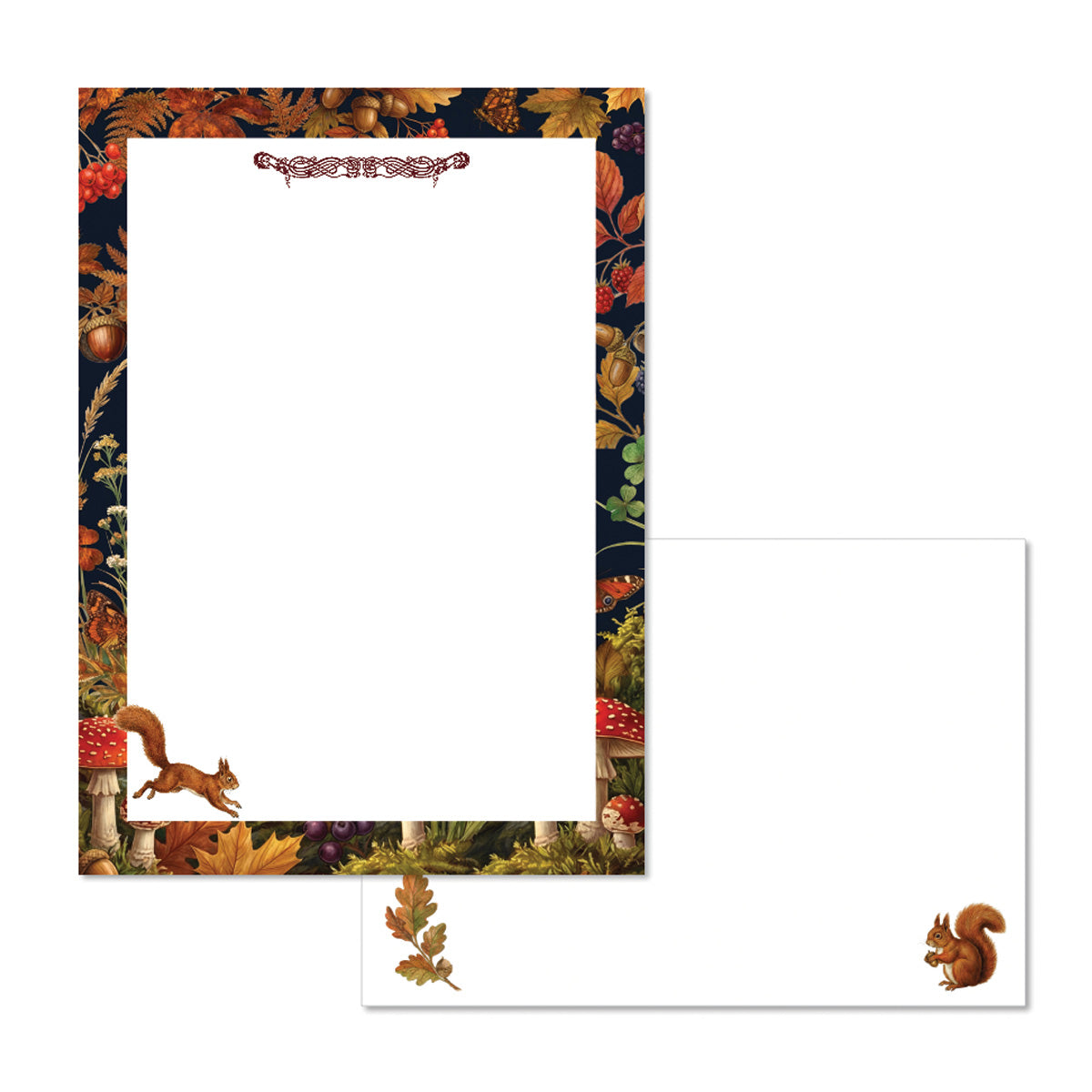 Luxury Autumn Squirrel letter writing set featuring woodland botanical stationery paper, envelopes, mushrooms, berries, and cottagecore autumn design made in Ireland.