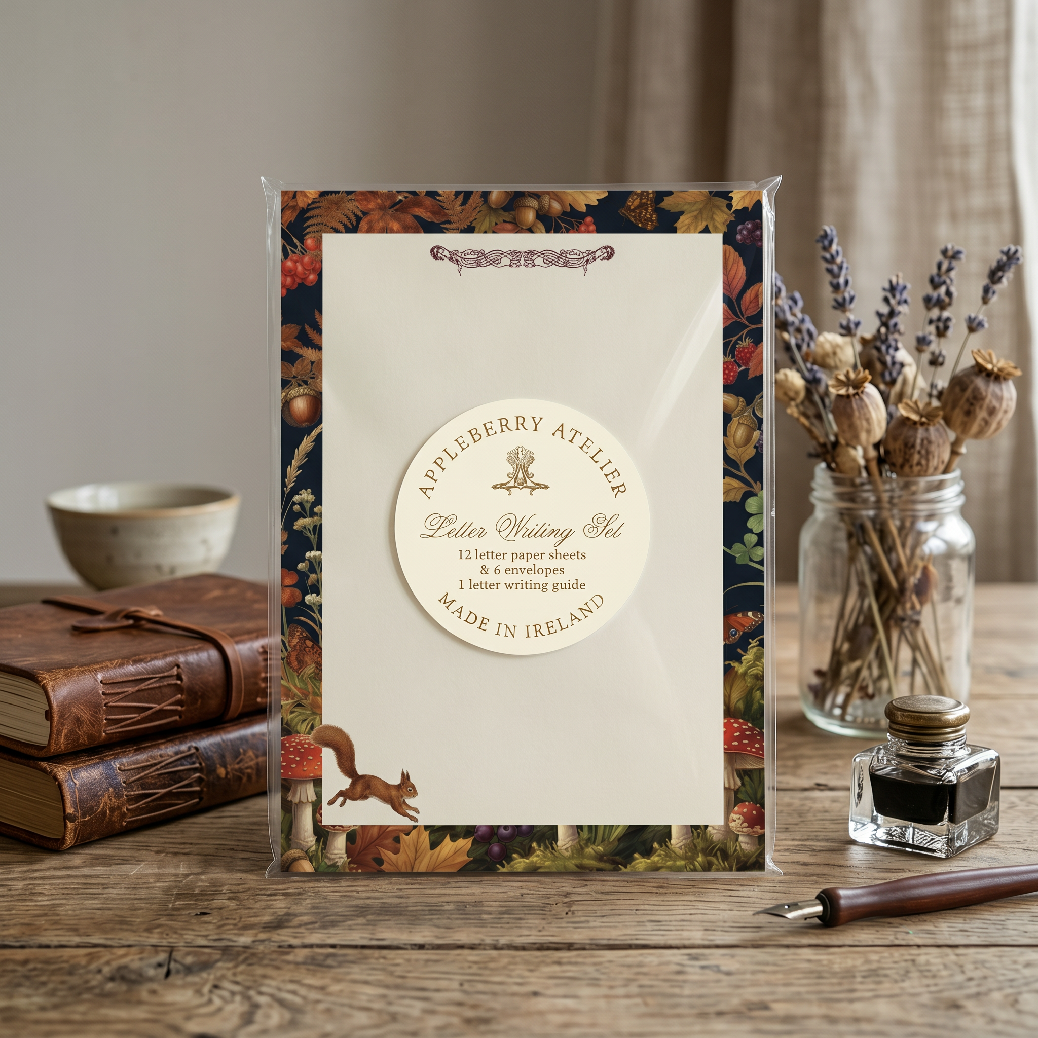 Luxury Autumn Squirrel letter writing set featuring woodland botanical stationery paper, envelopes, mushrooms, berries, and cottagecore autumn design made in Ireland.