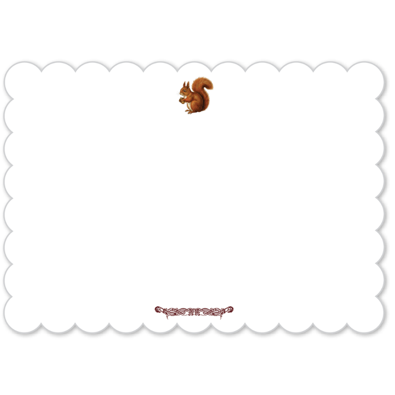 Blank side of Autumn Squirrel scalloped notelet with small red squirrel motif and decorative flourish