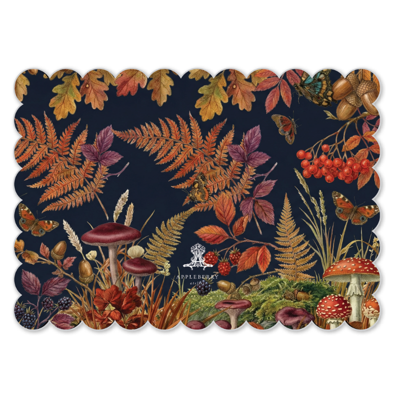 Autumn Squirrel scalloped notelet featuring a rectangular mat with scalloped edges featuring a detailed autumn forest illustration on a dark navy background. The design includes red and white mushrooms, orange and yellow leaves, purple berries, acorns, and butterflies.