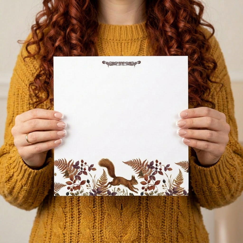 Autumn Squirrel Super Notepad featuring woodland botanical illustrations, autumn foliage, berries, butterflies, and elegant Irish stationery design.