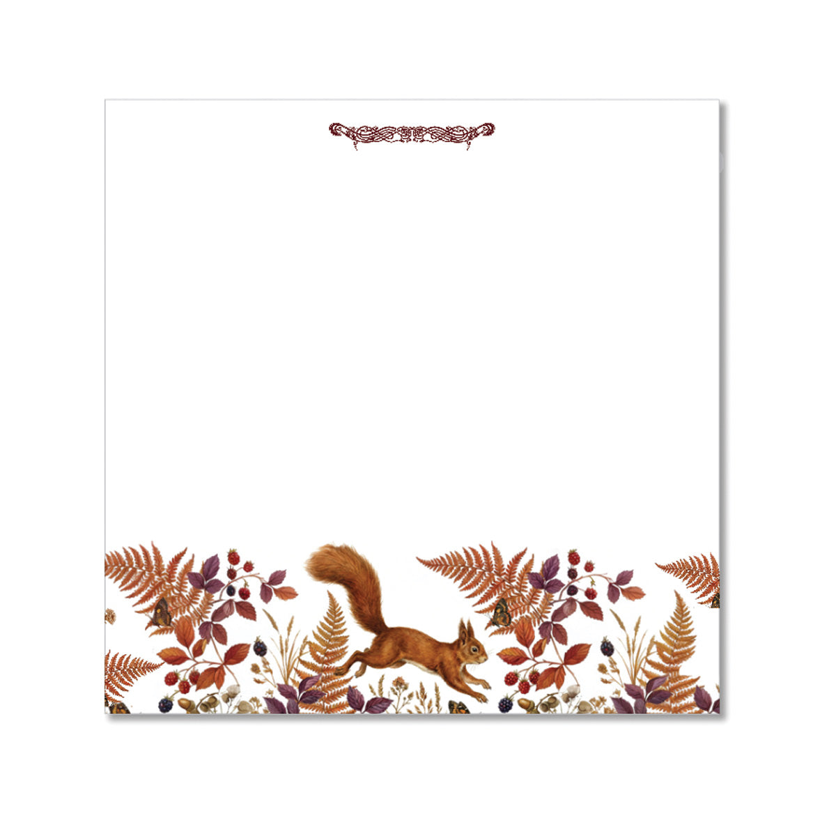 Autumn Squirrel Super Notepad featuring woodland botanical illustrations, autumn foliage, berries, butterflies, and elegant Irish stationery design.