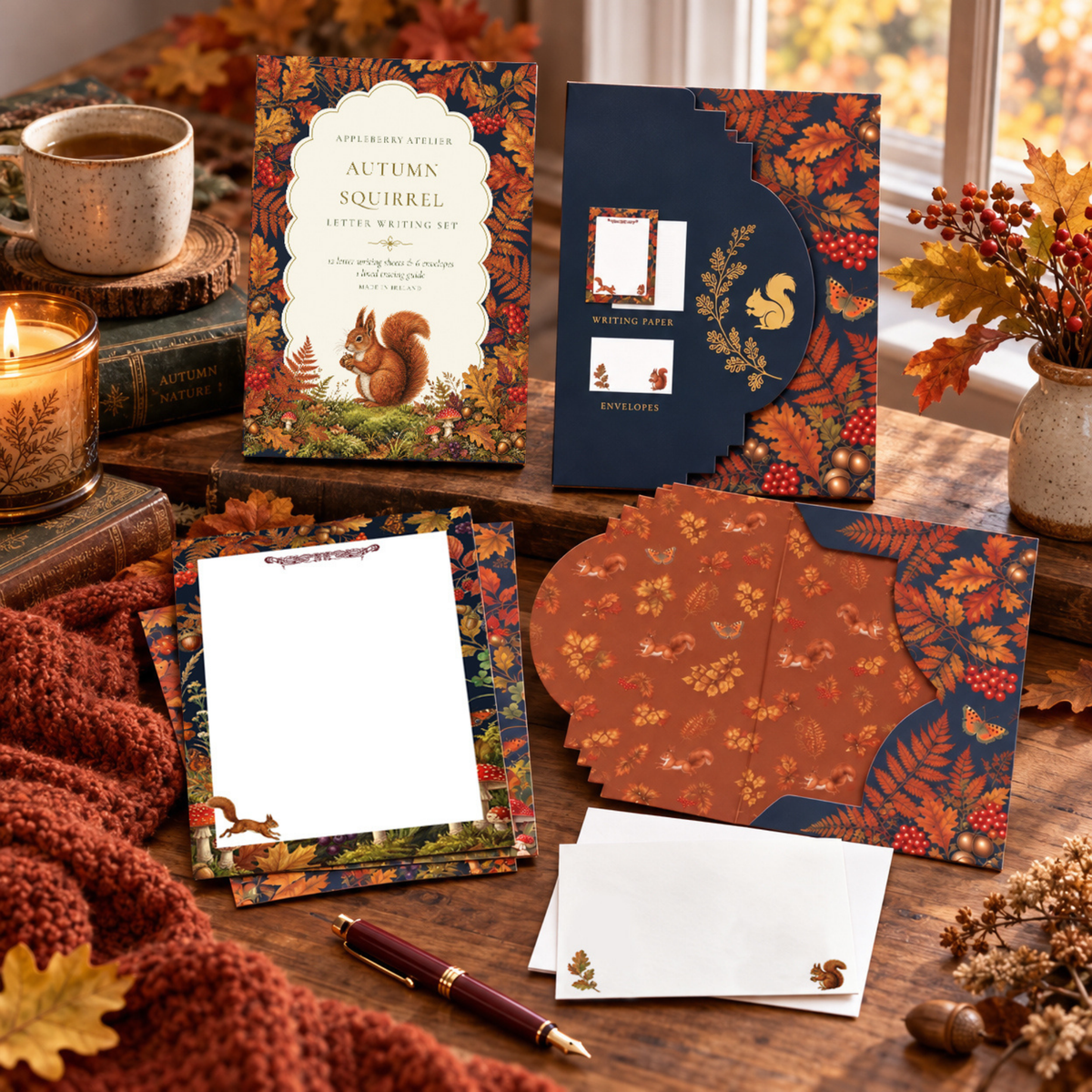 A styled flat-lay of an autumn-themed stationery set on a wooden table, including patterned storage envelope, with writing paper and  matching envelopes, styled with a candle, mug, books, and fall foliage around it.