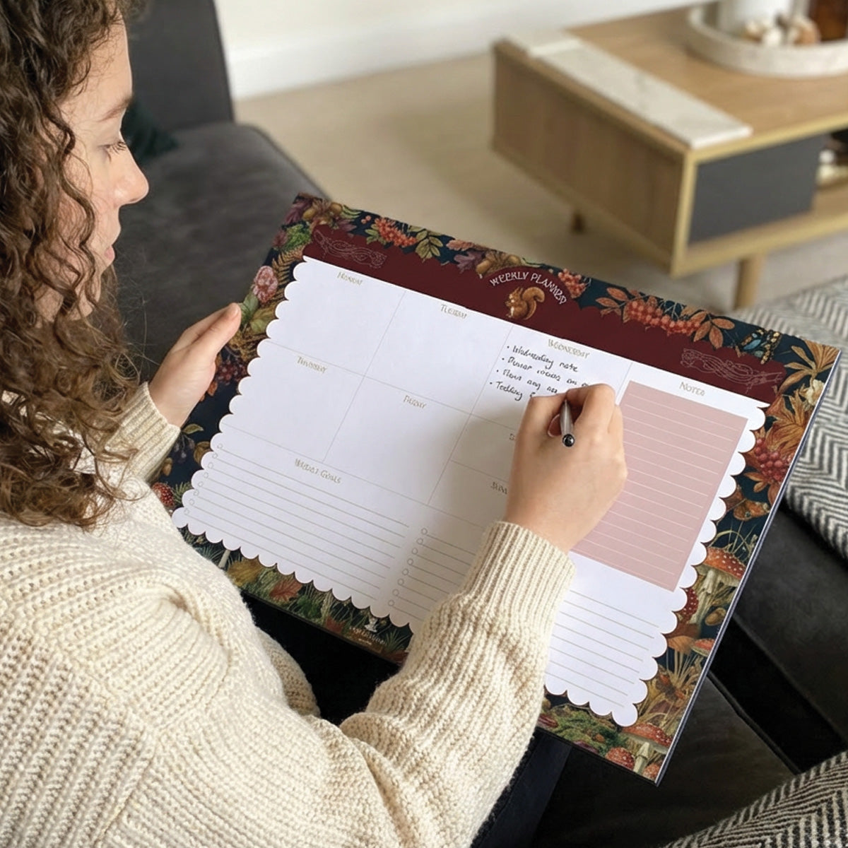 Autumn Squirrel weekly planner pad featuring woodland botanical artwork, squirrel illustration, weekly planning layout, and cottagecore desk stationery made in Ireland.