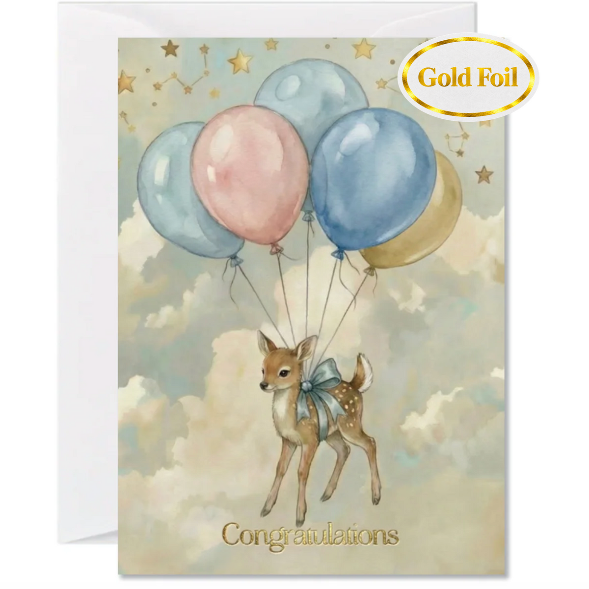 A fawn birthday card with watercolor-style balloons in pastel blue, pink, and gold, with the word 'Congratulations' at the bottom and a gold foil 'Gold Foil' badge in the top right corner.
