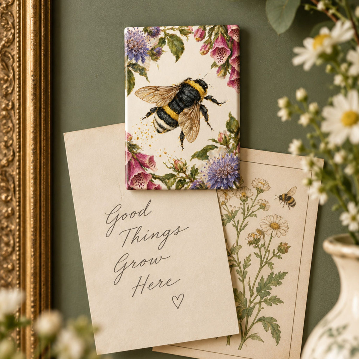 A rectangular decorative refrigerator magnet with a floral and bumblebee print is styled on top of cream greeting cards against a muted green wall, with a gold frame edge and white flowers in the background.