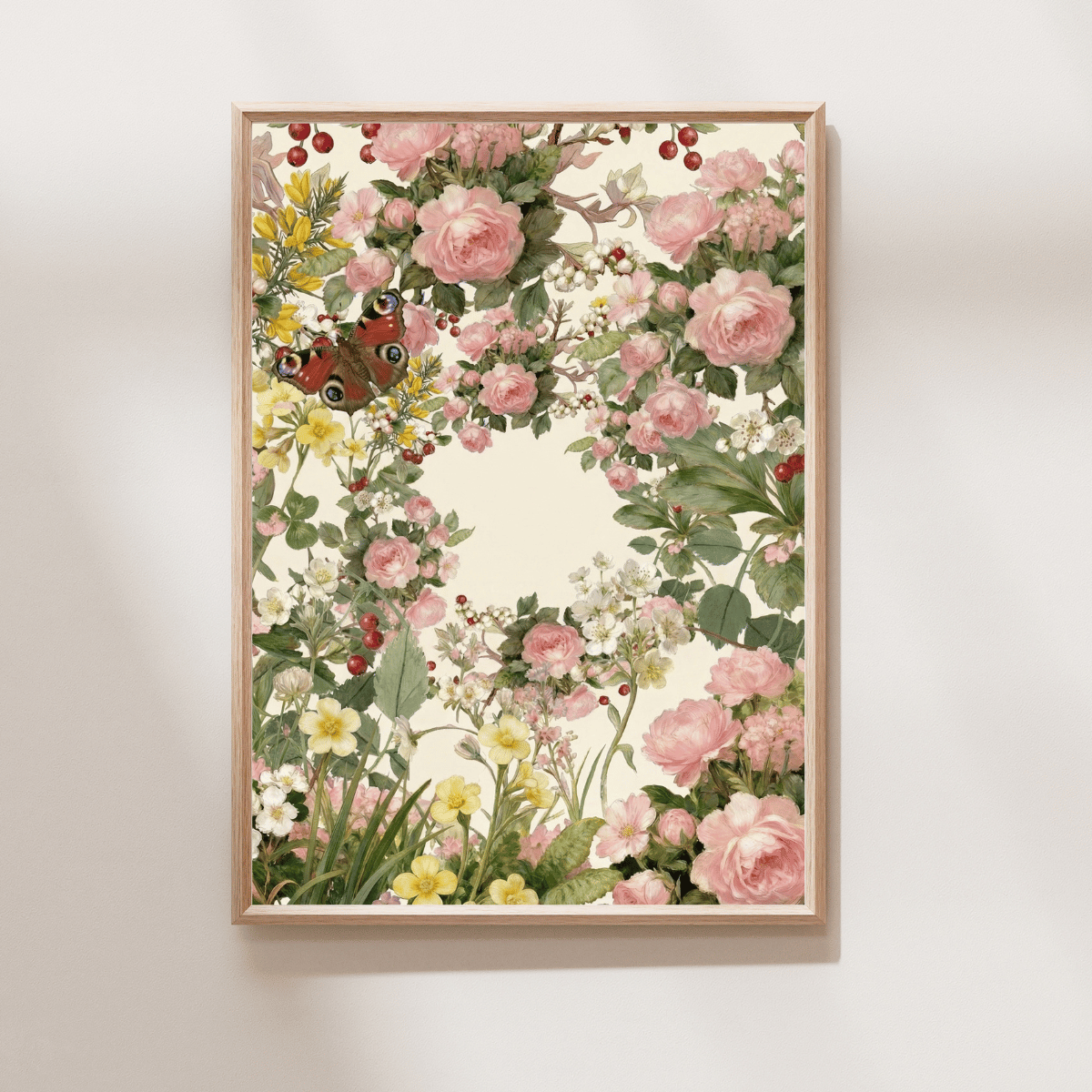 Bláthanna Fiáine Art Print featuring a botanical wreath of wildflowers with a butterfly