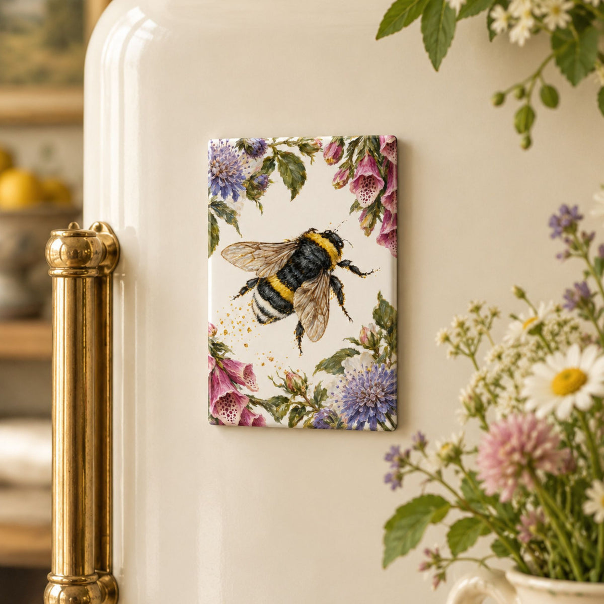 A rectangular decorative magnet featuring a detailed illustration of a bumblebee surrounded by pink, purple, and green flowers, shown attached to a cream-colored refrigerator next to a gold handle, with flowers in the foreground.