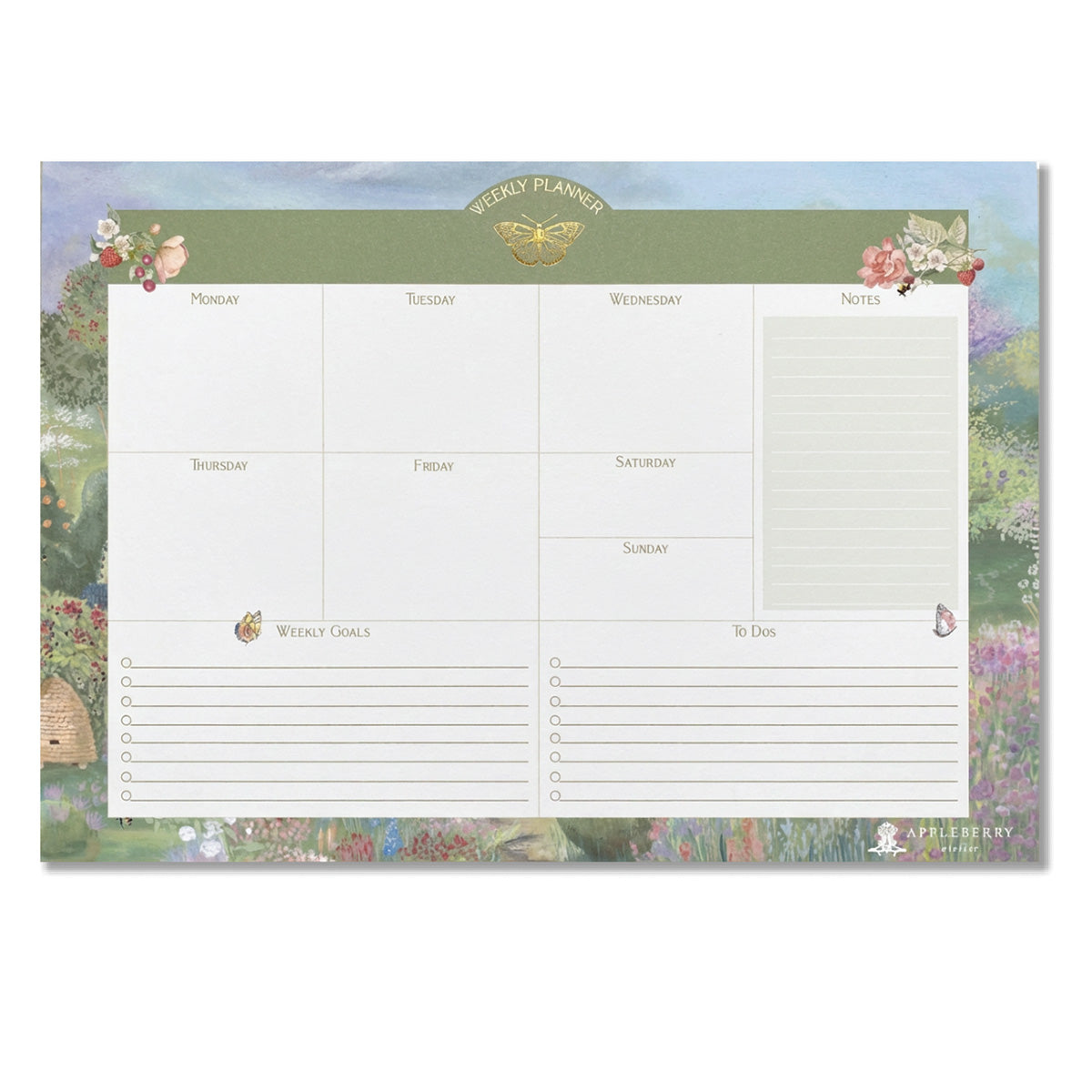 Butterfly Garden weekly planner pad featuring botanical floral artwork, butterfly illustrations, spacious planning layout, and luxury Irish stationery design.