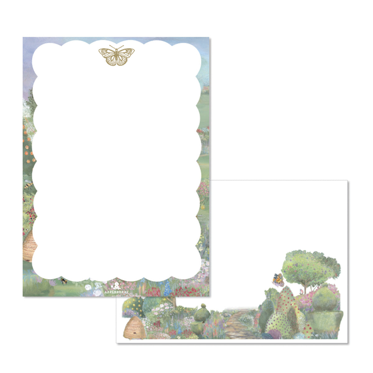 Luxury Butterfly Garden letter writing set featuring botanical garden artwork, butterflies, premium stationery paper, envelopes, and elegant cottagecore design made in Ireland.