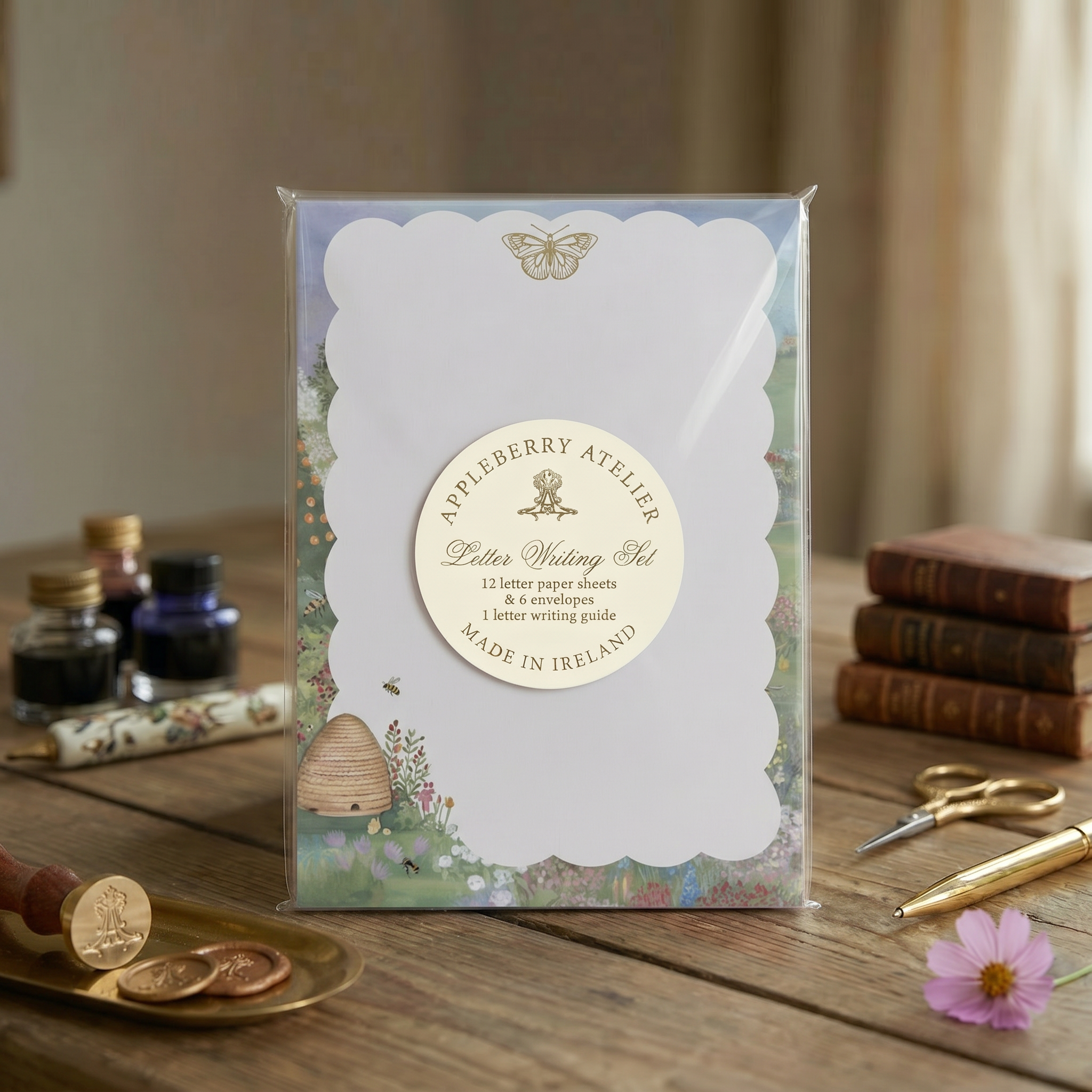 Luxury Butterfly Garden letter writing set featuring botanical garden artwork, butterflies, premium stationery paper, envelopes, and elegant cottagecore design made in Ireland.
