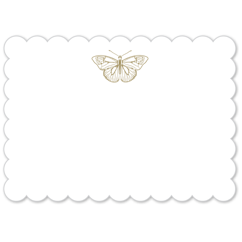 A white rectangular card or label with scalloped edges and a small gold butterfly illustration centered near the top, shown on a light gray background.