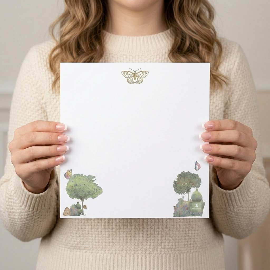 Butterfly Garden Super Notepad featuring botanical garden illustrations, flowering trees, butterflies, and elegant Irish stationery design.