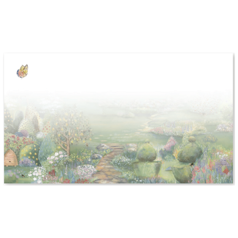 A rectangular art print or card featuring a soft, misty garden landscape with a stone path, flowers, rounded green shrubs, and a small butterfly in the upper left, shown against a white background.