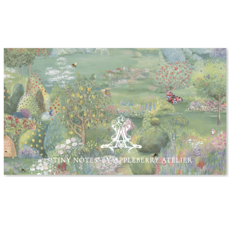 A rectangular art print or card featuring a whimsical pastel garden scene with trees, flowers, birds, and a small figure, with the text 'TINY NOTES BY APPLEBERRY ATELIER' and a decorative monogram centered near the bottom.