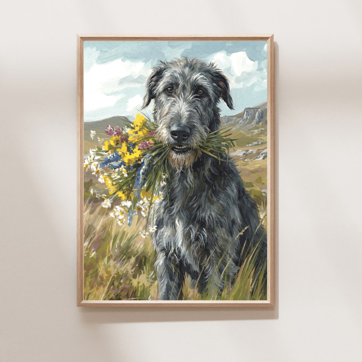 Cú Faol Art Print featuring an Irish Wolfhound carrying colourful wildflowers in the Irish countryside