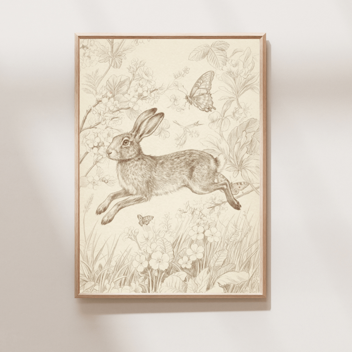 Field Hare Art Print featuring a running hare surrounded by wildflowers and butterflies